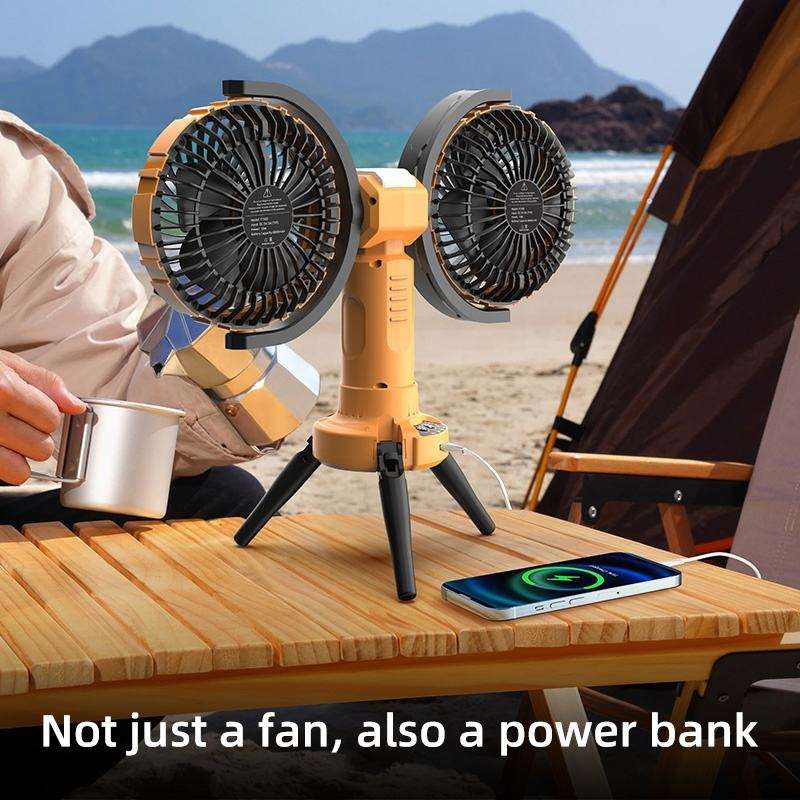 6" Portable Dual-Head Camping Fan with Tripod, Power Bank & LED Light | Jumbo
