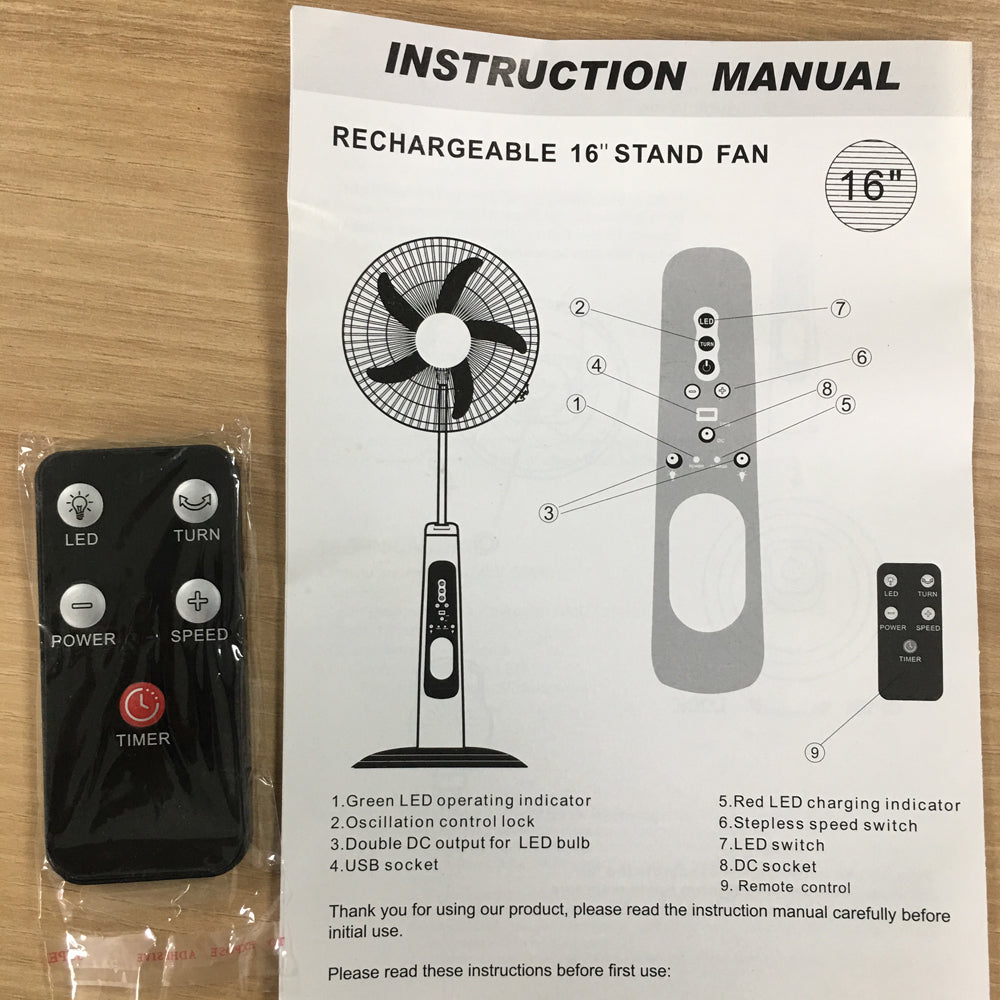 16" AC/DC Solar Rechargeable Stand Fan with Digital Screen & Remote