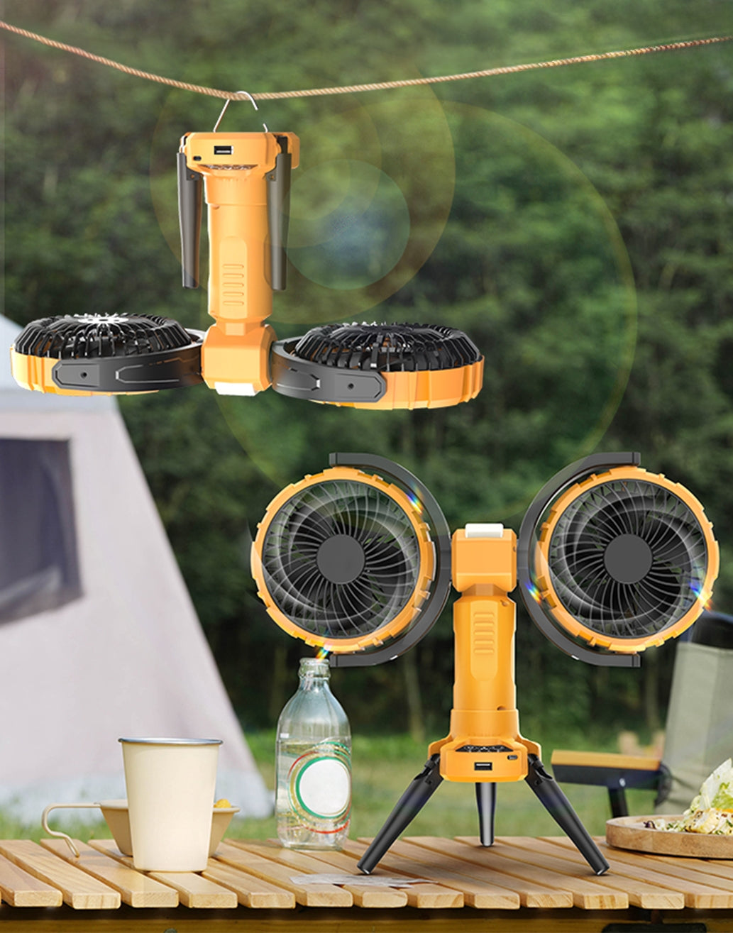 6" Portable Dual-Head Camping Fan with Tripod, Power Bank & LED Light | Jumbo