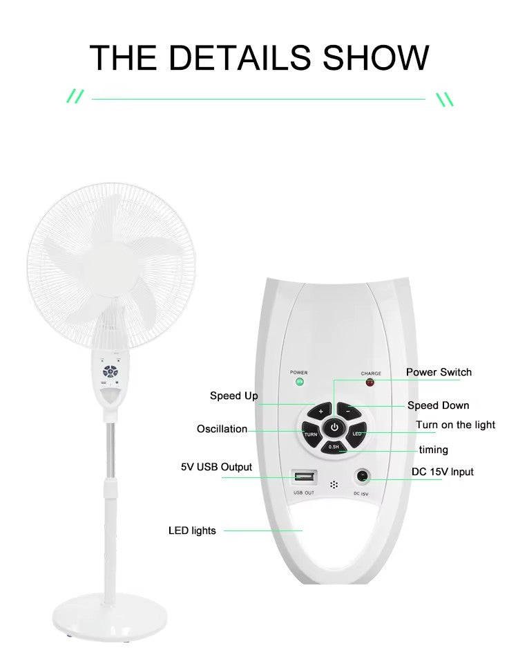 16/18-inch AC/DC Solar Rechargeable Fan with 12V 5Ah Battery