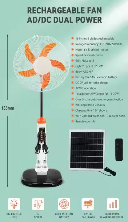 16-inch BLDC Solar Rechargeable Fan with Dual 6V Batteries
