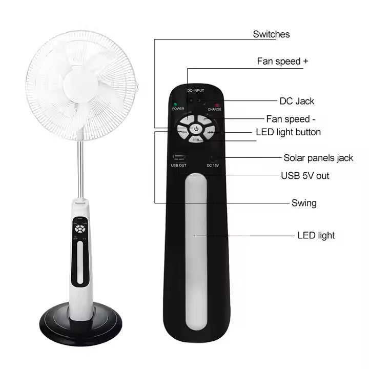 Multi-functional 12V AC/DC Solar Pedestal Fan with USB Output & LED