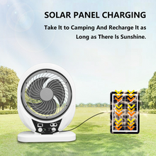 Load image into Gallery viewer, Outdoor Portable 8-Inch Solar Rechargeable Desk Fan with Digital Control LED Light Plastic Material USB &amp; Solar Powered
