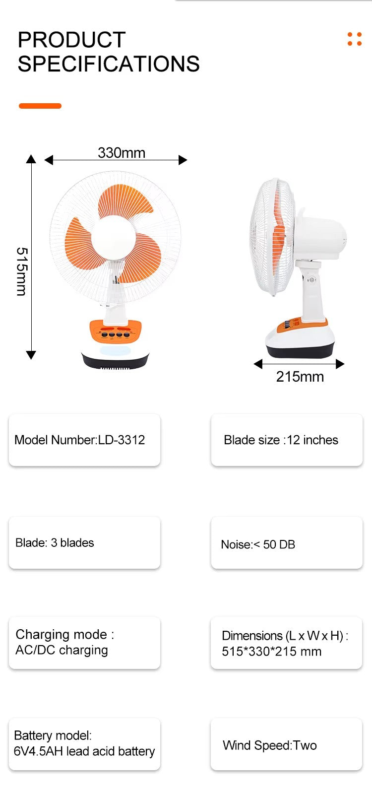 12" AC/DC Rechargeable Table Fan with Lead-Acid Battery & Copper Motor | Jumbo