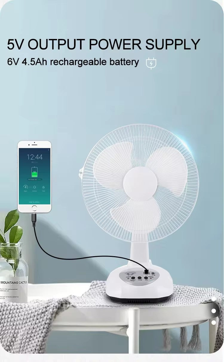 12" Portable Rechargeable Fan with Solar Panel, USB Power Bank & Light | Jumbo
