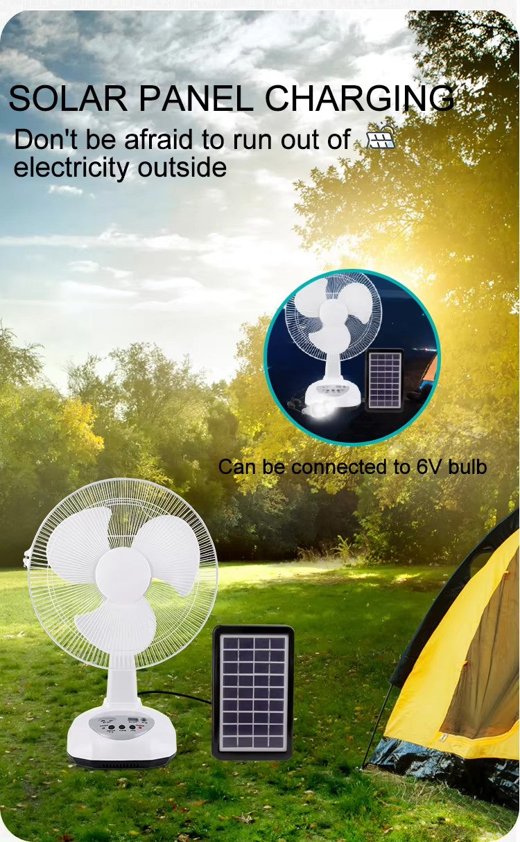 12" Portable Rechargeable Fan with Solar Panel, USB Power Bank & Light | Jumbo